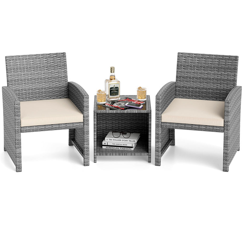 White 3 Pieces Patio Furniture Set with Tempered Glass Coffee