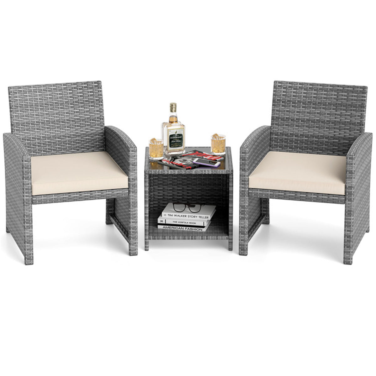 White 3 Pieces Patio Furniture Set with Tempered Glass Coffee