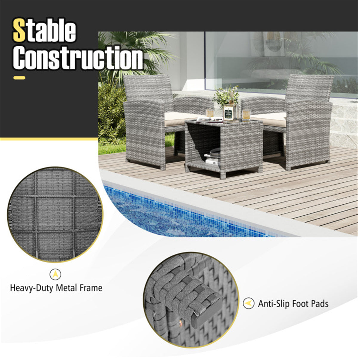 White 3 Pieces Patio Furniture Set with Tempered Glass Coffee
