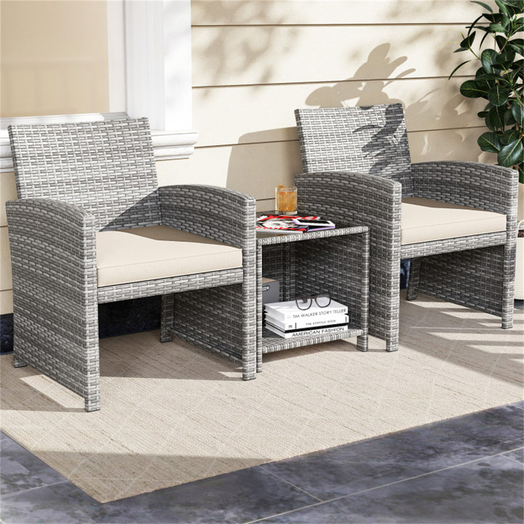 White 3 Pieces Patio Furniture Set with Tempered Glass Coffee