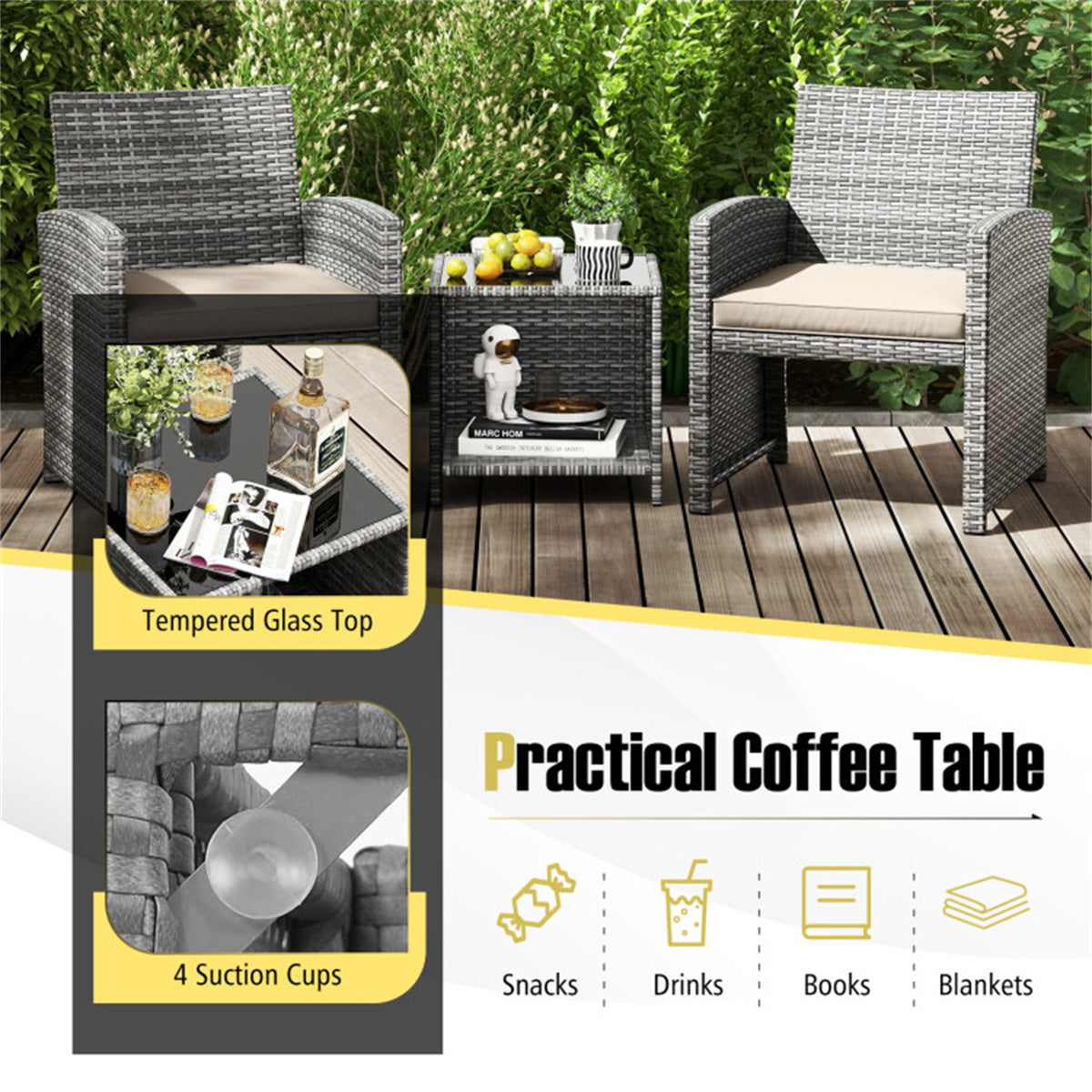 White 3 Pieces Patio Furniture Set with Tempered Glass Coffee