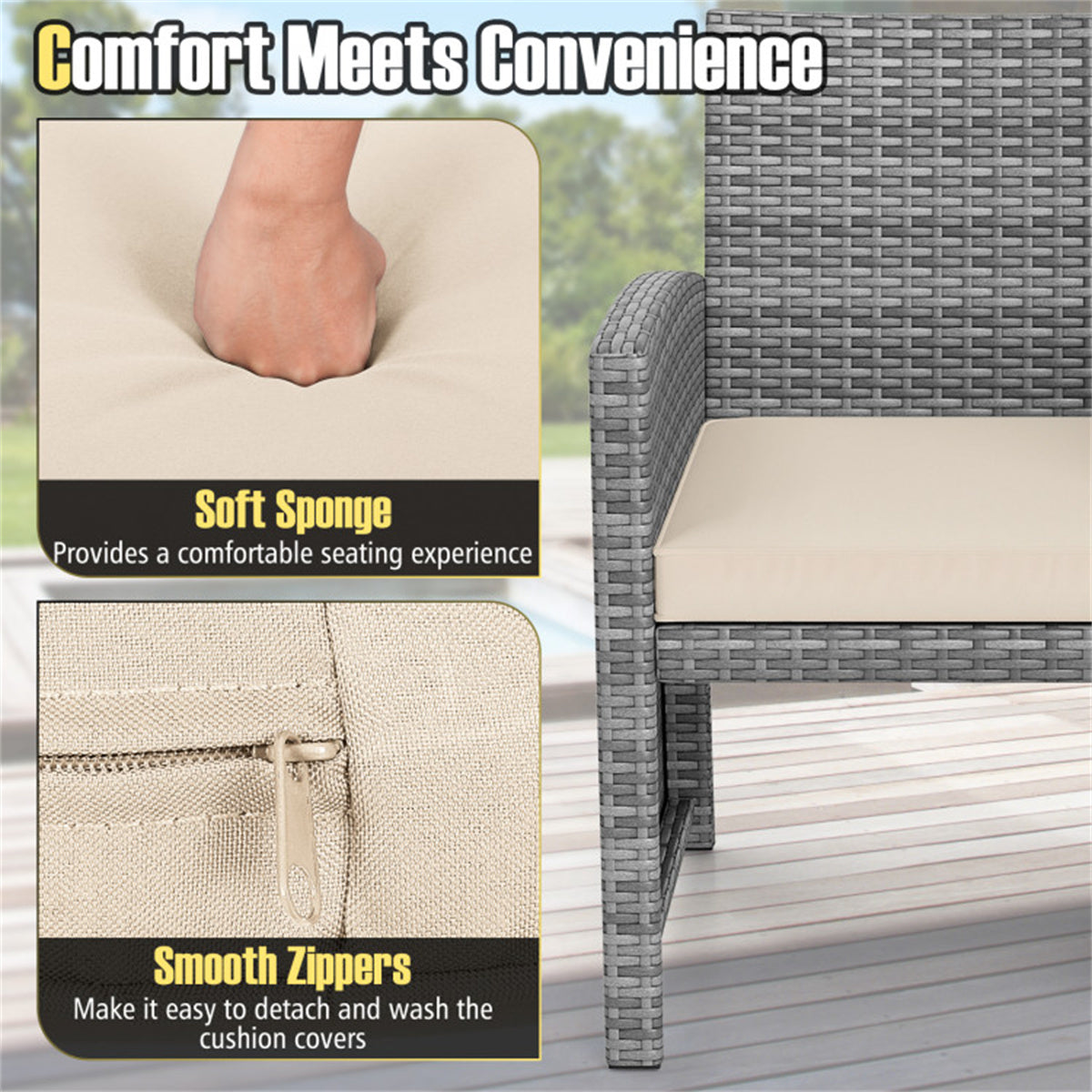 White 3 Pieces Patio Furniture Set with Tempered Glass Coffee