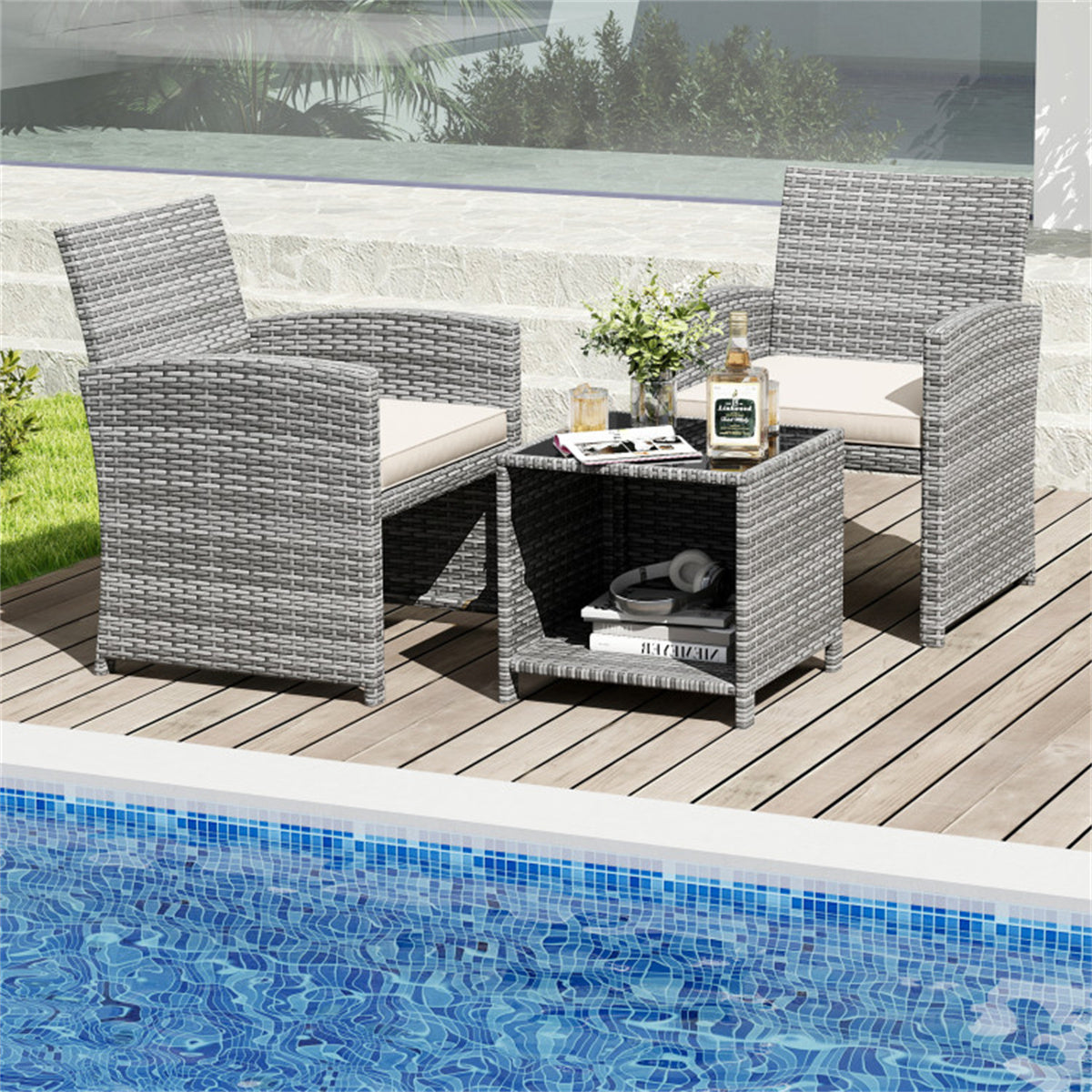 White 3 Pieces Patio Furniture Set with Tempered Glass Coffee