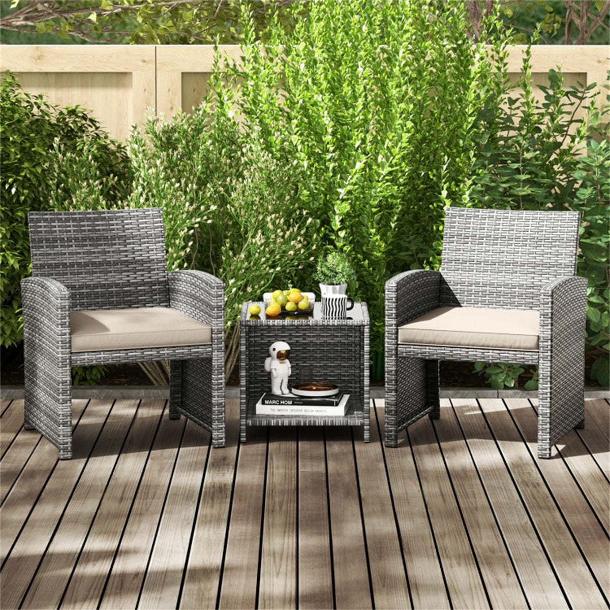 White 3 Pieces Patio Furniture Set with Tempered Glass Coffee