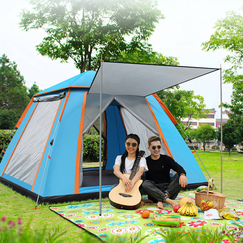 4-5 Person Pop-Up Camping Tent, Instant Setup Family Tent with 2 Mosquito Nets Windows, Portable for Hiking, Backpacking & Outdoor Adventures, Waterproof & Windproof--Blue