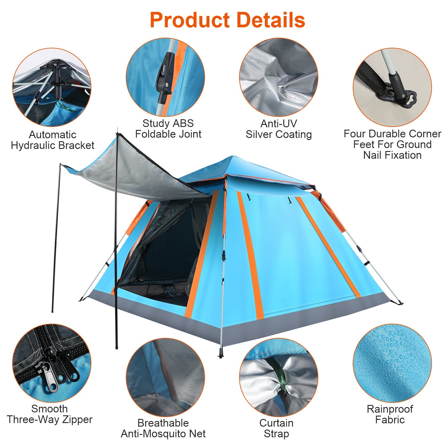 4-5 Person Pop-Up Camping Tent, Instant Setup Family Tent with 2 Mosquito Nets Windows, Portable for Hiking, Backpacking & Outdoor Adventures, Waterproof & Windproof--Blue