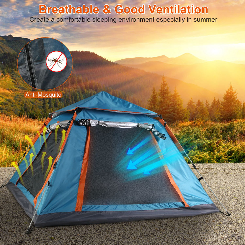 4-5 Person Pop-Up Camping Tent, Instant Setup Family Tent with 2 Mosquito Nets Windows, Portable for Hiking, Backpacking & Outdoor Adventures, Waterproof & Windproof--Blue