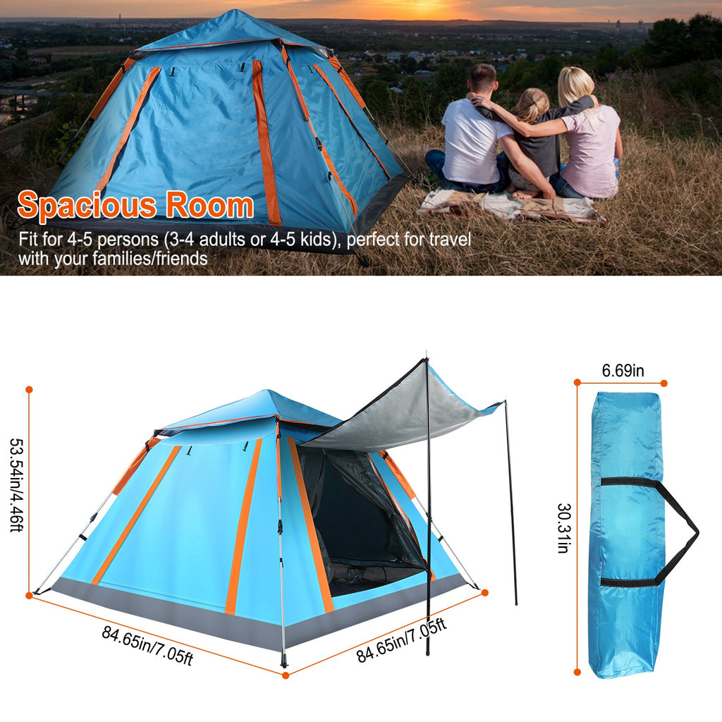 4-5 Person Pop-Up Camping Tent, Instant Setup Family Tent with 2 Mosquito Nets Windows, Portable for Hiking, Backpacking & Outdoor Adventures, Waterproof & Windproof--Blue