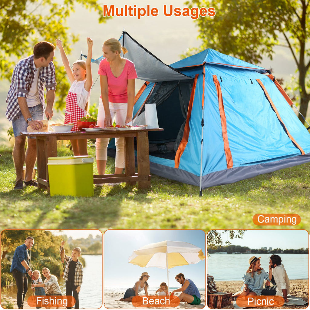 4-5 Person Pop-Up Camping Tent, Instant Setup Family Tent with 2 Mosquito Nets Windows, Portable for Hiking, Backpacking & Outdoor Adventures, Waterproof & Windproof--Blue