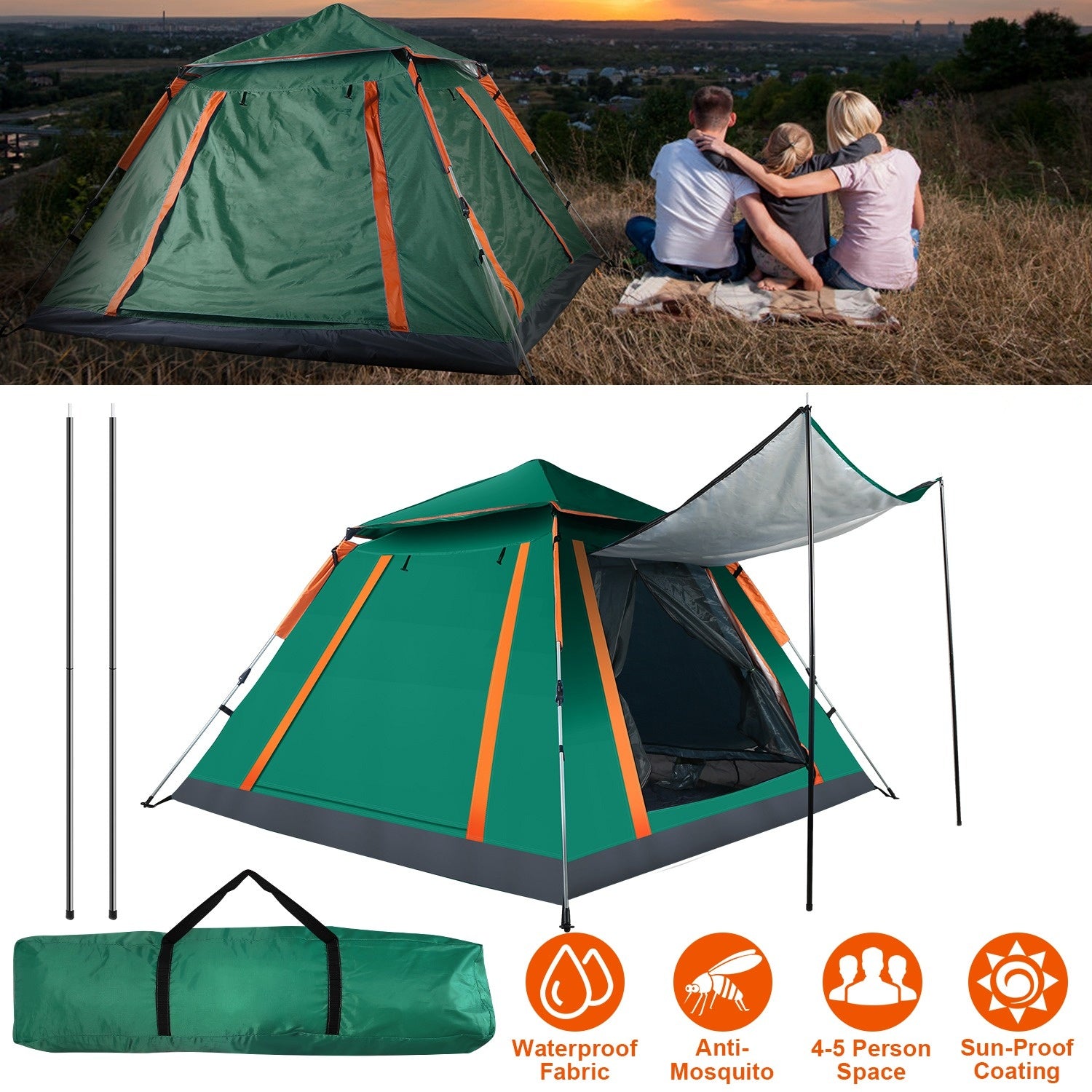 4-5 Person Pop-Up Camping Tent, Instant Setup Family Tent with 2 Mosquito Nets Windows, Portable for Hiking, Backpacking & Outdoor Adventures, Waterproof & Windproof--Green