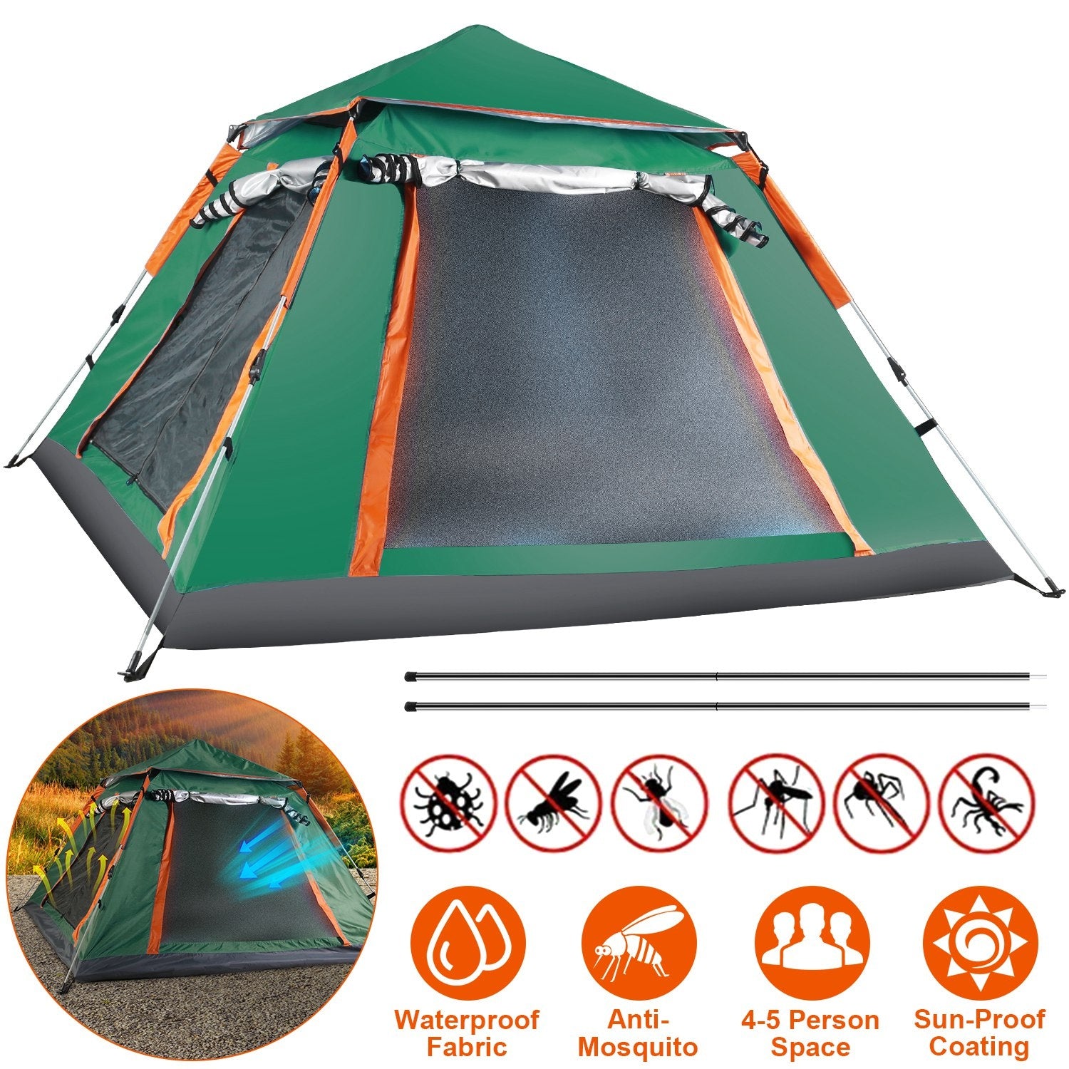 4-5 Person Pop-Up Camping Tent, Instant Setup Family Tent with 2 Mosquito Nets Windows, Portable for Hiking, Backpacking & Outdoor Adventures, Waterproof & Windproof--Green