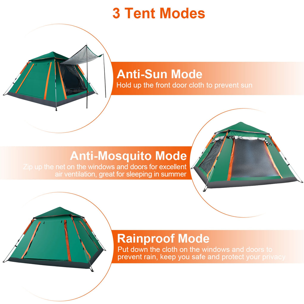 4-5 Person Pop-Up Camping Tent, Instant Setup Family Tent with 2 Mosquito Nets Windows, Portable for Hiking, Backpacking & Outdoor Adventures, Waterproof & Windproof--Green