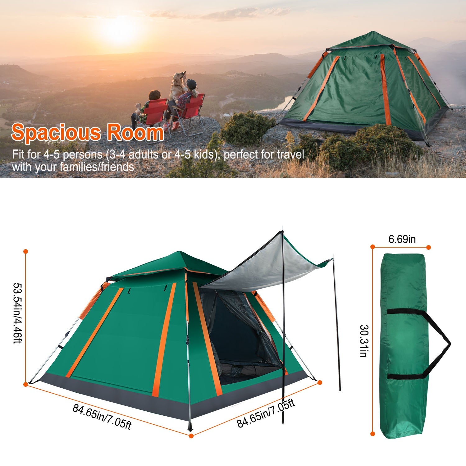 4-5 Person Pop-Up Camping Tent, Instant Setup Family Tent with 2 Mosquito Nets Windows, Portable for Hiking, Backpacking & Outdoor Adventures, Waterproof & Windproof--Green
