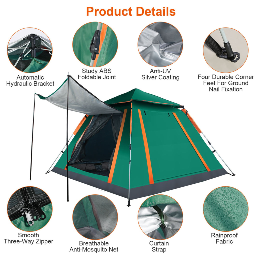 4-5 Person Pop-Up Camping Tent, Instant Setup Family Tent with 2 Mosquito Nets Windows, Portable for Hiking, Backpacking & Outdoor Adventures, Waterproof & Windproof--Green