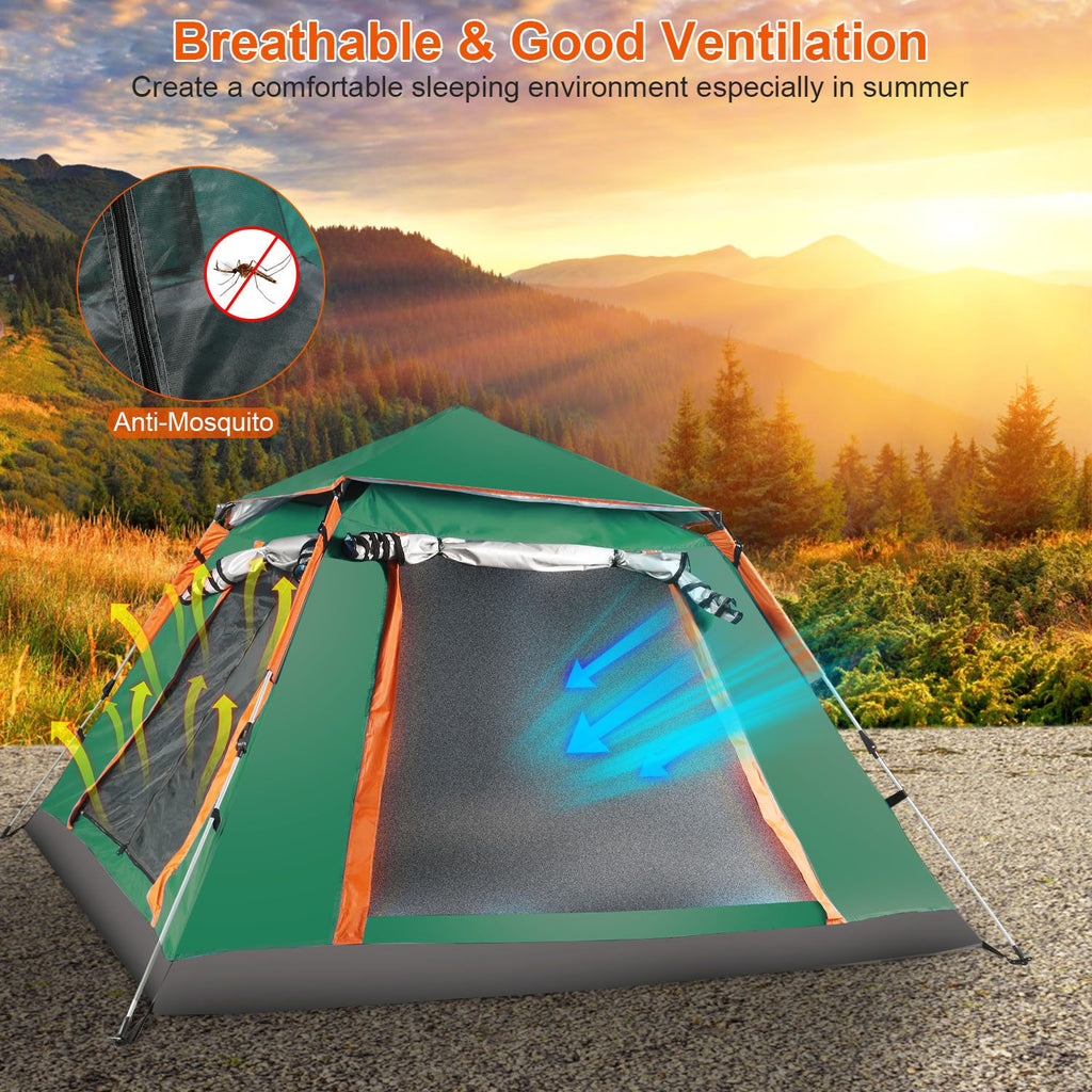 4-5 Person Pop-Up Camping Tent, Instant Setup Family Tent with 2 Mosquito Nets Windows, Portable for Hiking, Backpacking & Outdoor Adventures, Waterproof & Windproof--Green