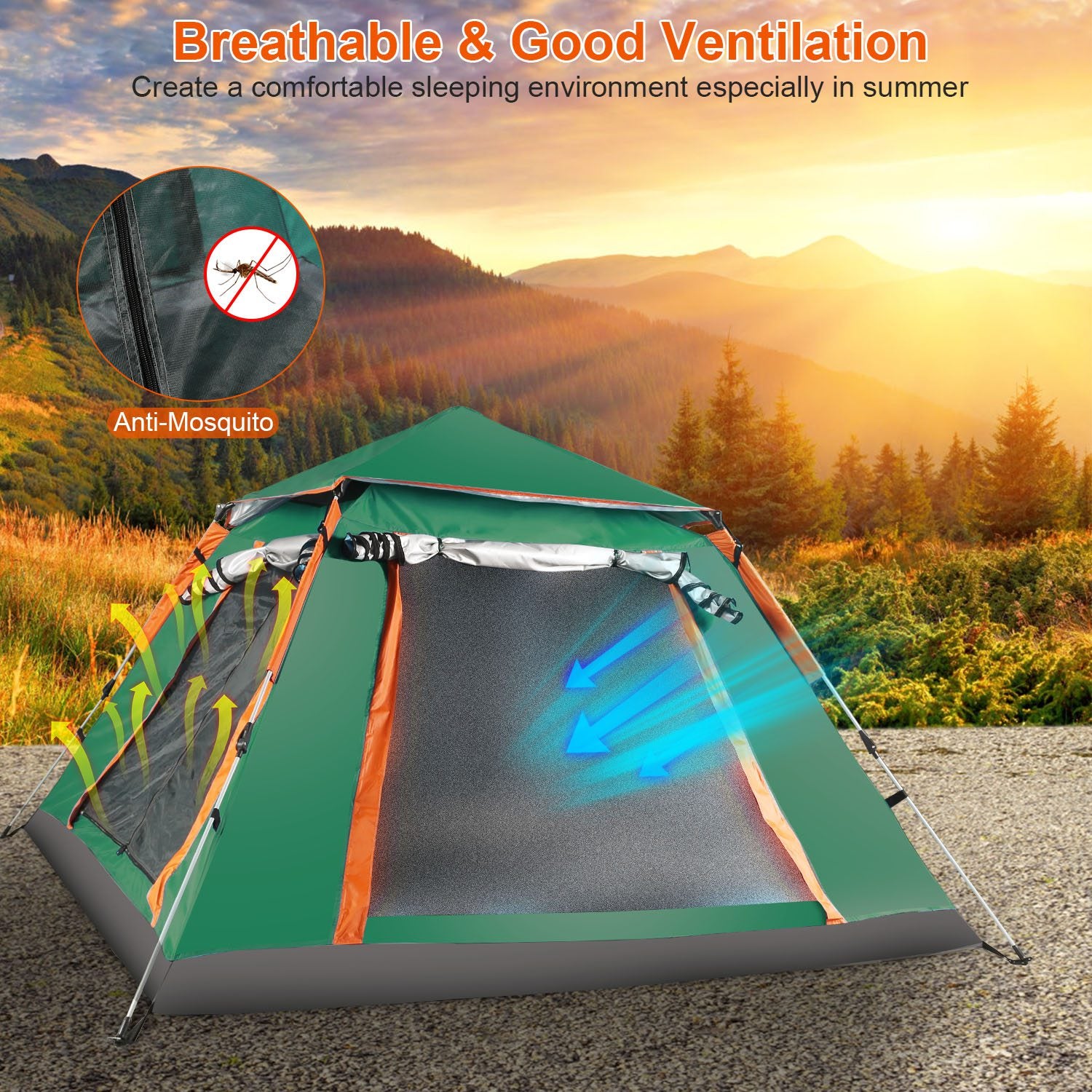 4-5 Person Pop-Up Camping Tent, Instant Setup Family Tent with 2 Mosquito Nets Windows, Portable for Hiking, Backpacking & Outdoor Adventures, Waterproof & Windproof--Green
