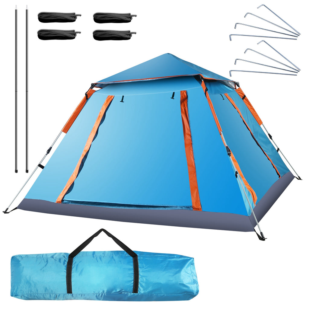4-5 Person Pop-Up Camping Tent, Instant Setup Family Tent with 2 Mosquito Nets Windows, Portable for Hiking, Backpacking & Outdoor Adventures, Waterproof & Windproof--Blue