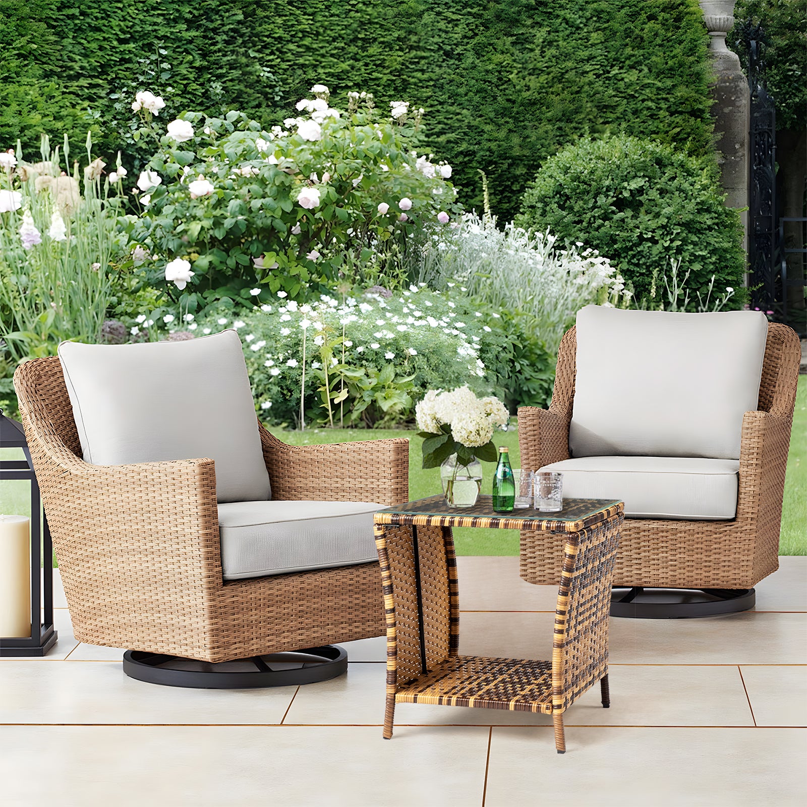 Glass Surface Yellow Gradient Iron Frame Rattan Side Table