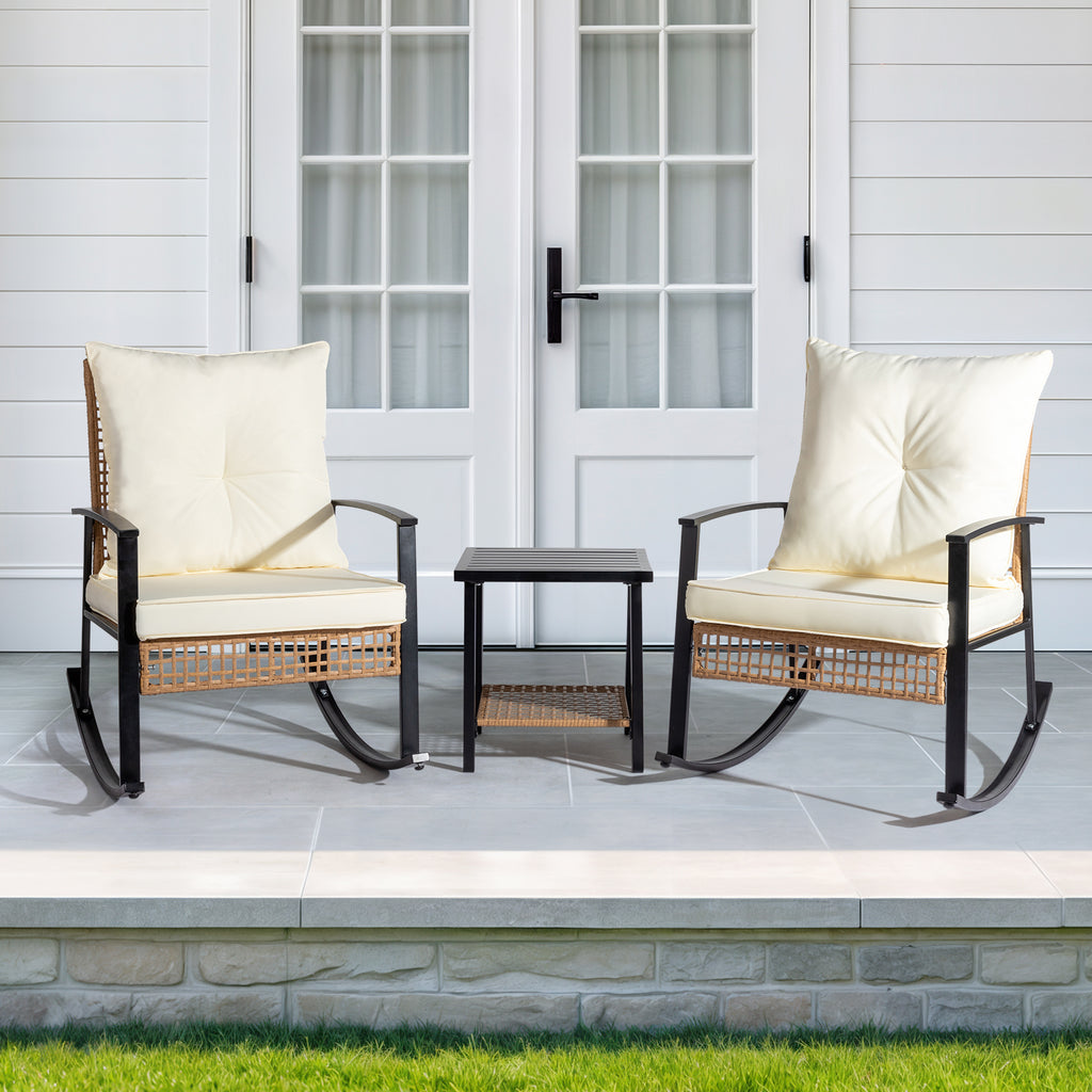 1pcs side table + 2pcs rocking chairs, backrest sparsely woven, light yellow rattan, white cushion, three-piece rattan set