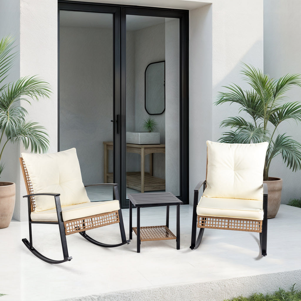 1pcs side table + 2pcs rocking chairs, backrest sparsely woven, light yellow rattan, white cushion, three-piece rattan set