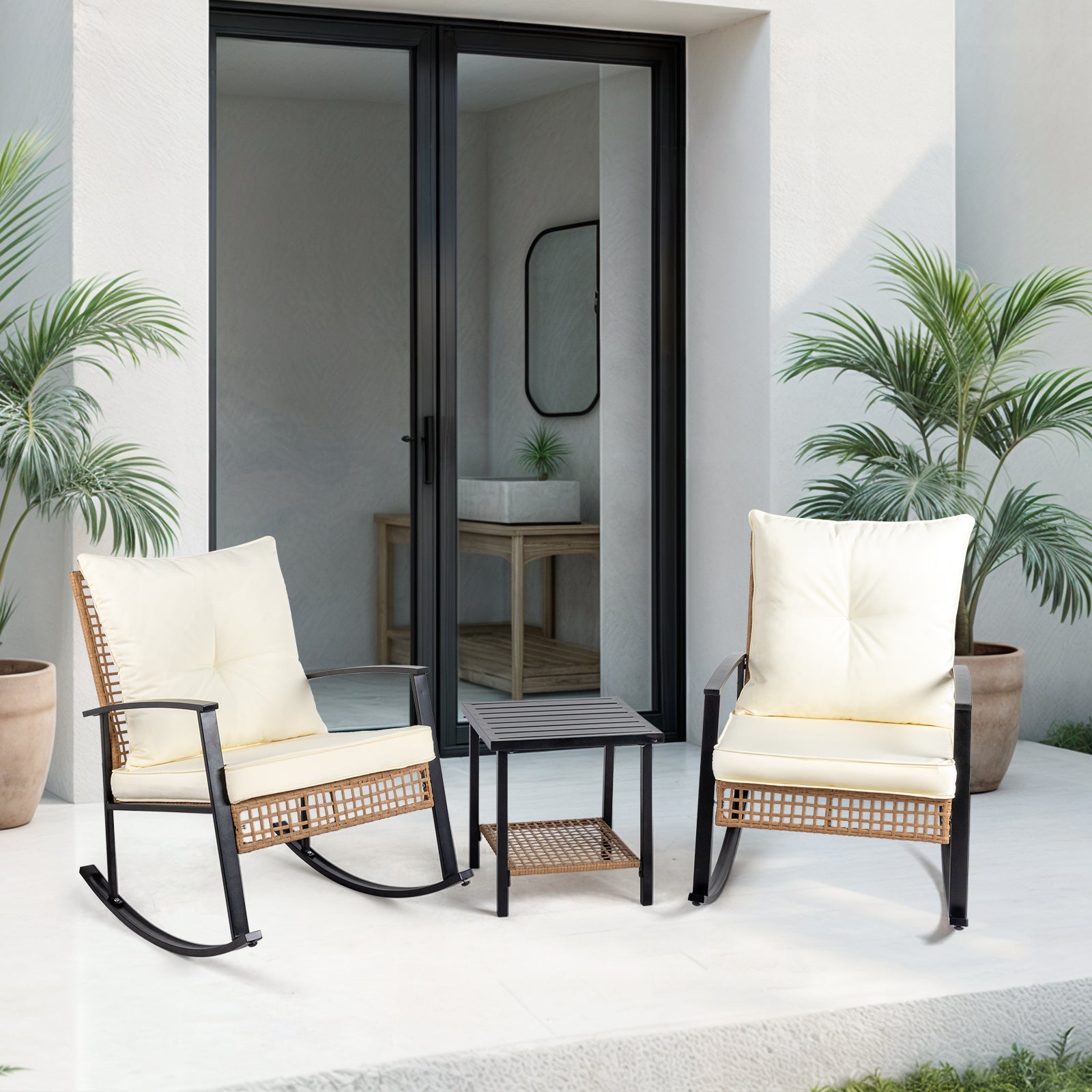 1pcs side table + 2pcs rocking chairs, backrest sparsely woven, light yellow rattan, white cushion, three-piece rattan set