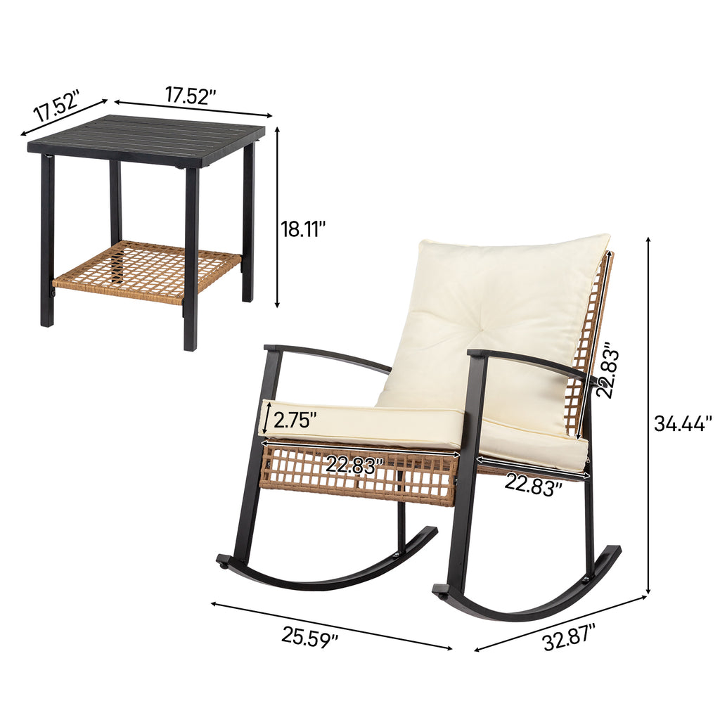 1pcs side table + 2pcs rocking chairs, backrest sparsely woven, light yellow rattan, white cushion, three-piece rattan set