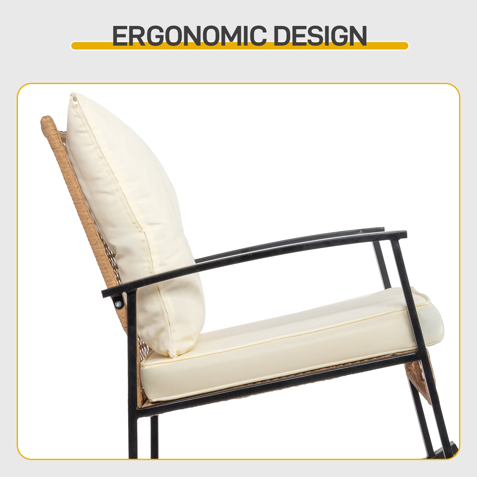 1pcs side table + 2pcs rocking chairs, backrest sparsely woven, light yellow rattan, white cushion, three-piece rattan set