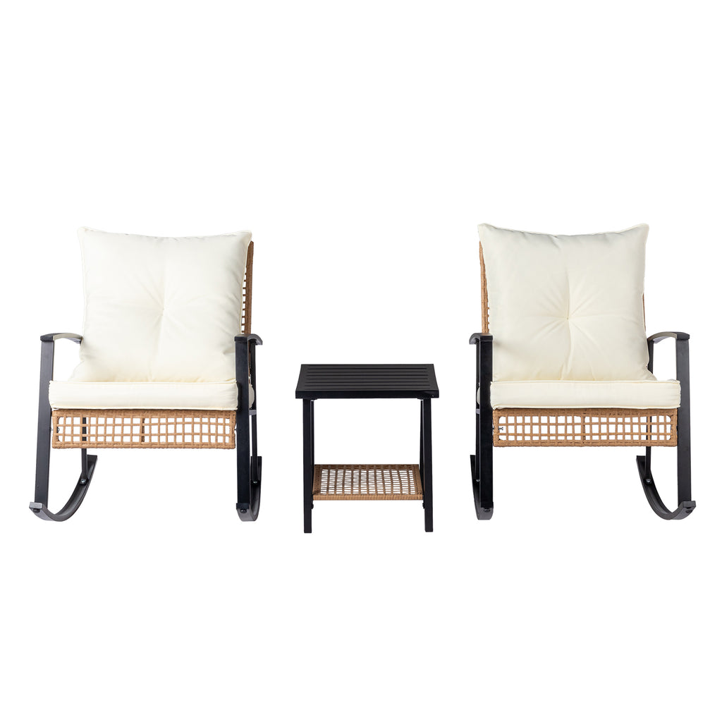 1pcs side table + 2pcs rocking chairs, backrest sparsely woven, light yellow rattan, white cushion, three-piece rattan set