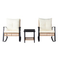 1pcs side table + 2pcs rocking chairs, backrest sparsely woven, light yellow rattan, white cushion, three-piece rattan set
