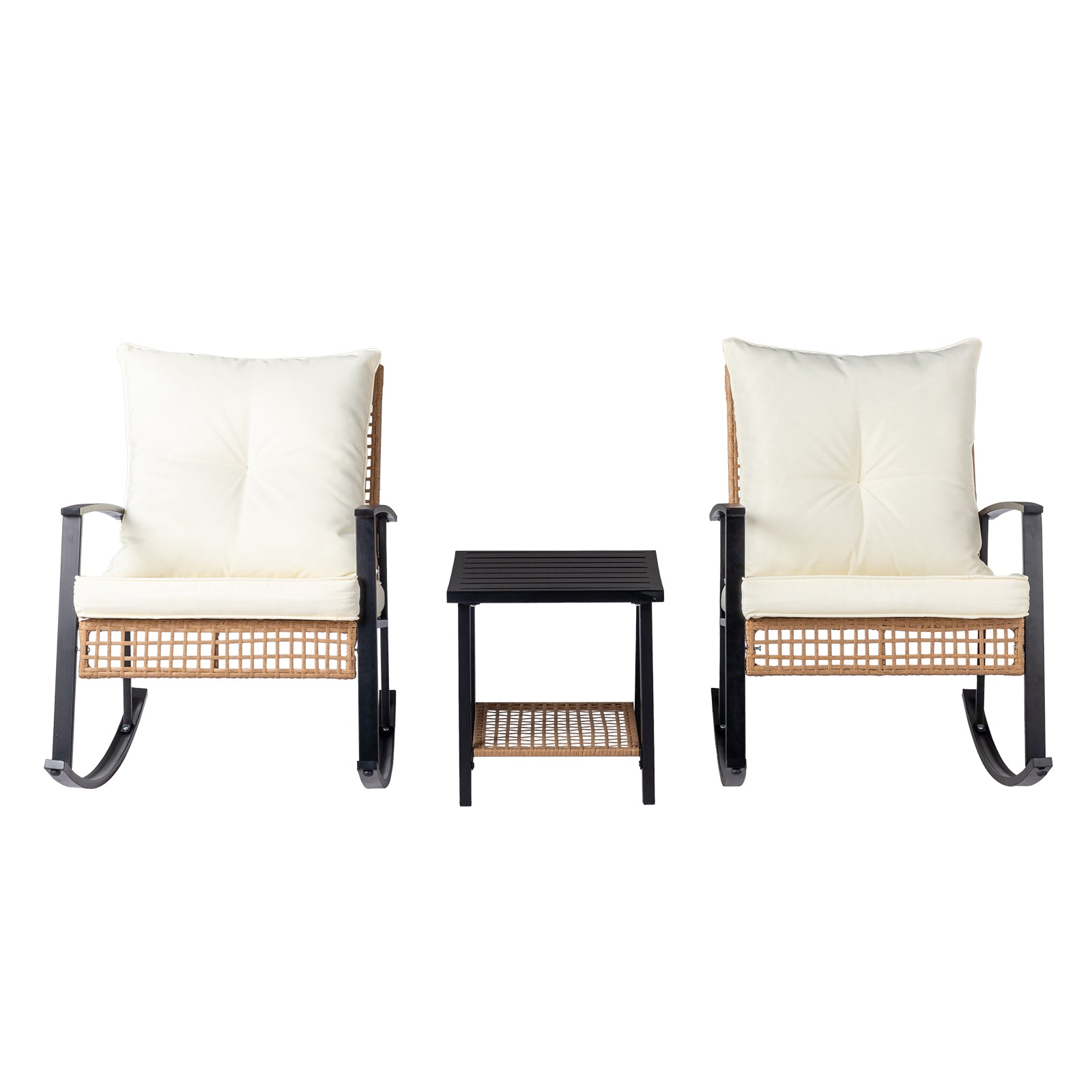 1pcs side table + 2pcs rocking chairs, backrest sparsely woven, light yellow rattan, white cushion, three-piece rattan set