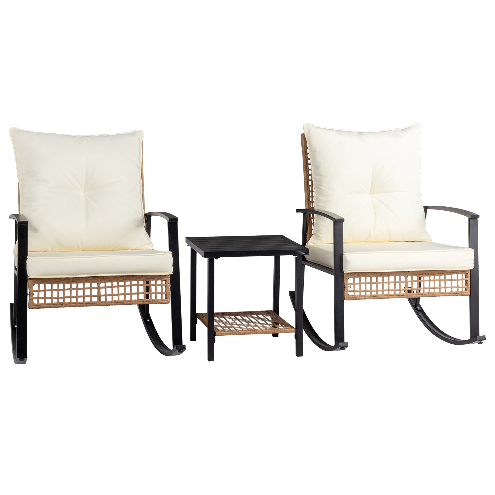 1pcs side table + 2pcs rocking chairs, backrest sparsely woven, light yellow rattan, white cushion, three-piece rattan set