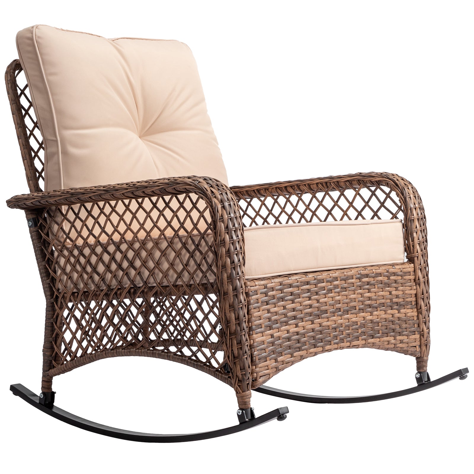 Rattan rocking chair with sparse backrest, brown rattan, beige cushion