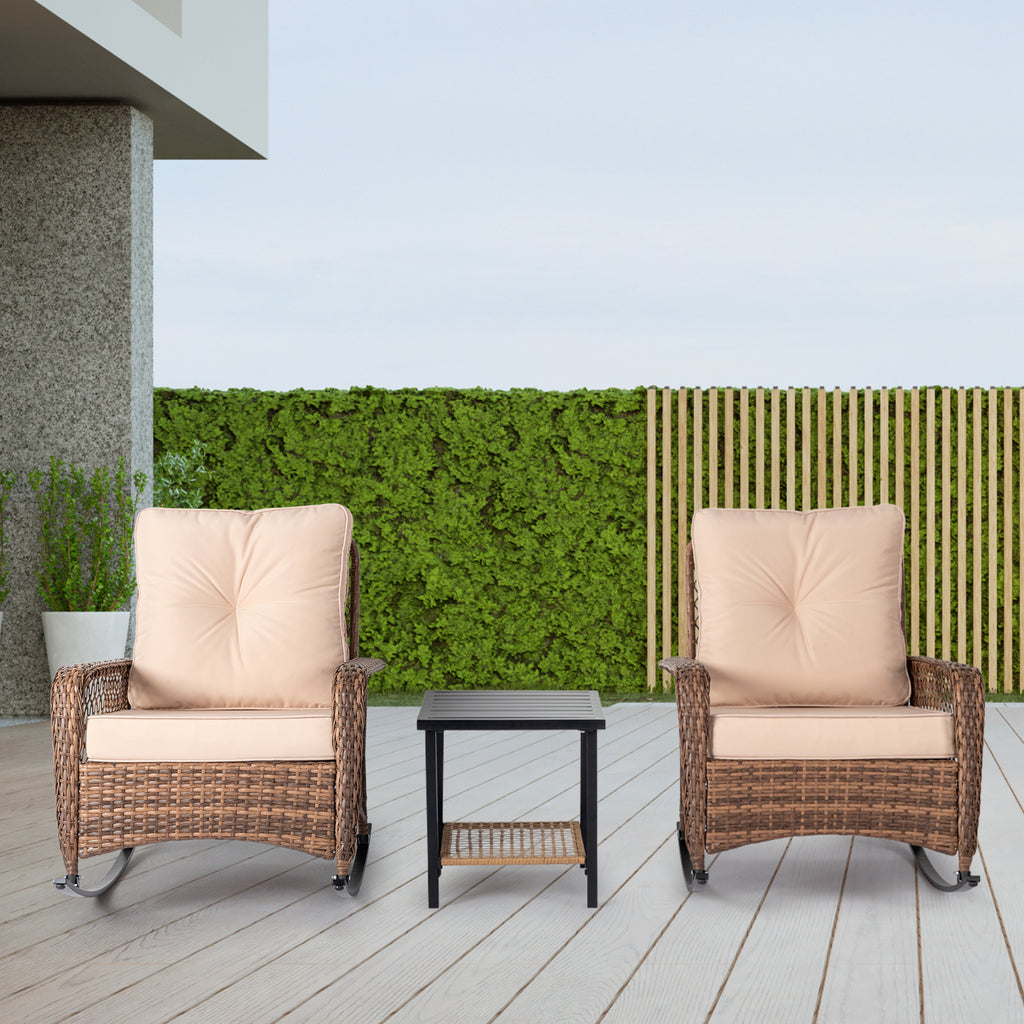 Rattan rocking chair with sparse backrest, brown rattan, beige cushion