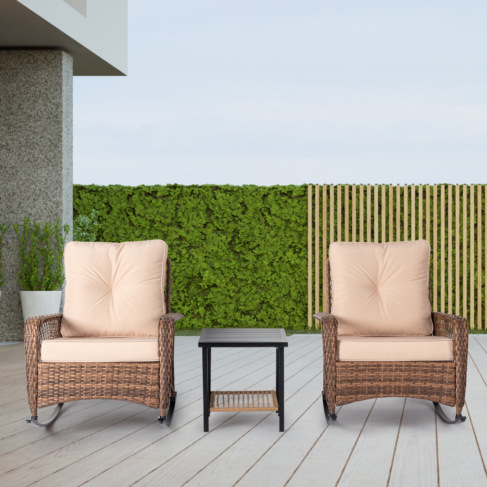 Rattan rocking chair with sparse backrest, brown rattan, beige cushion