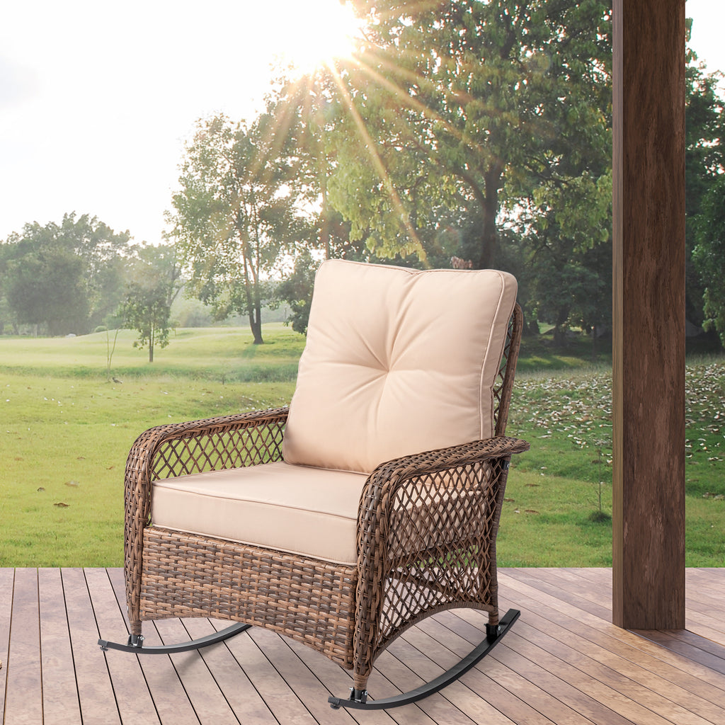 Rattan rocking chair with sparse backrest, brown rattan, beige cushion