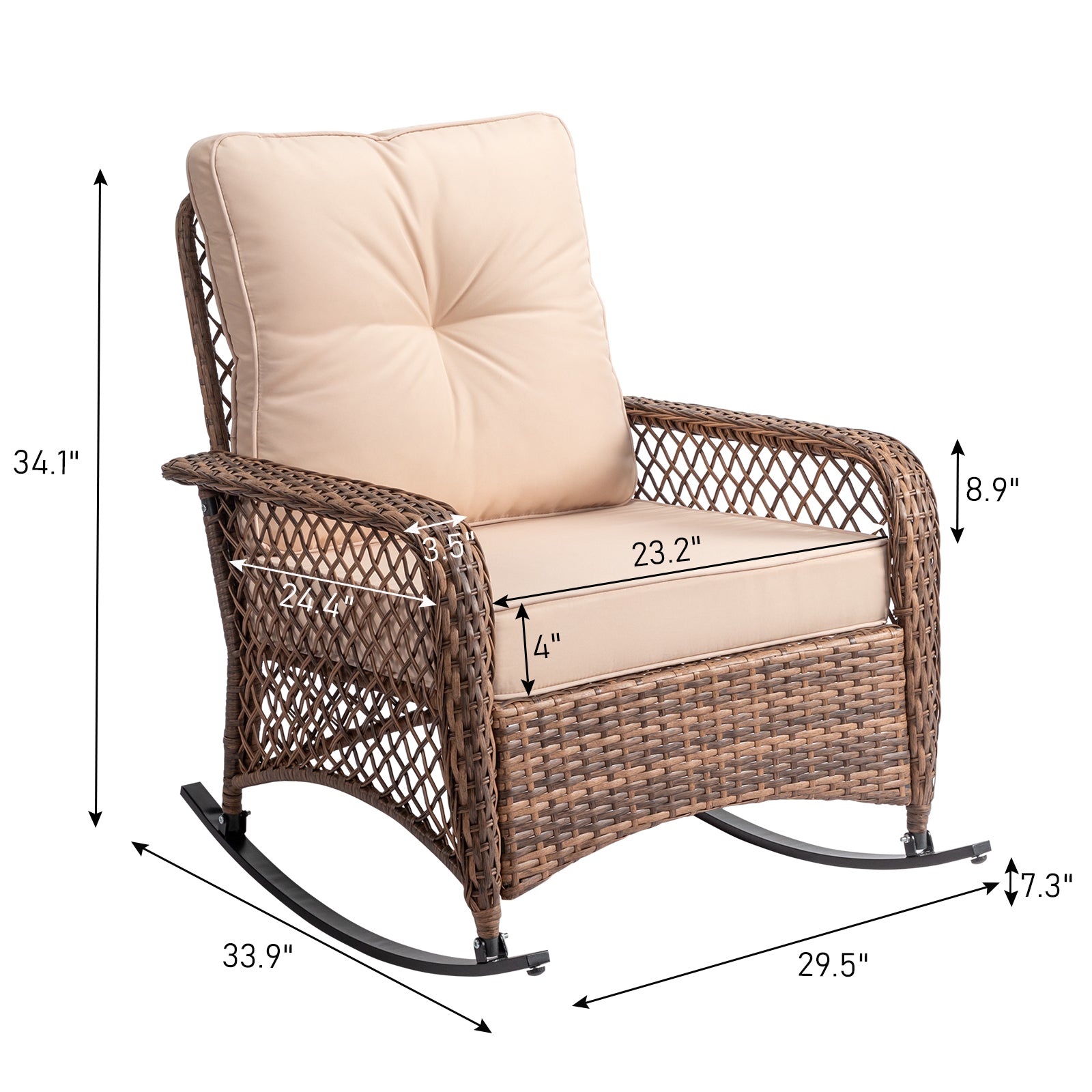 Rattan rocking chair with sparse backrest, brown rattan, beige cushion