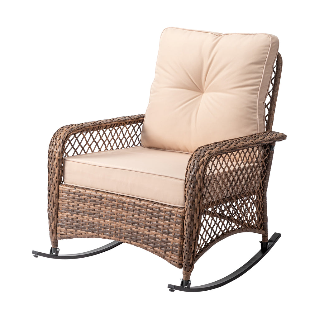 Rattan rocking chair with sparse backrest, brown rattan, beige cushion
