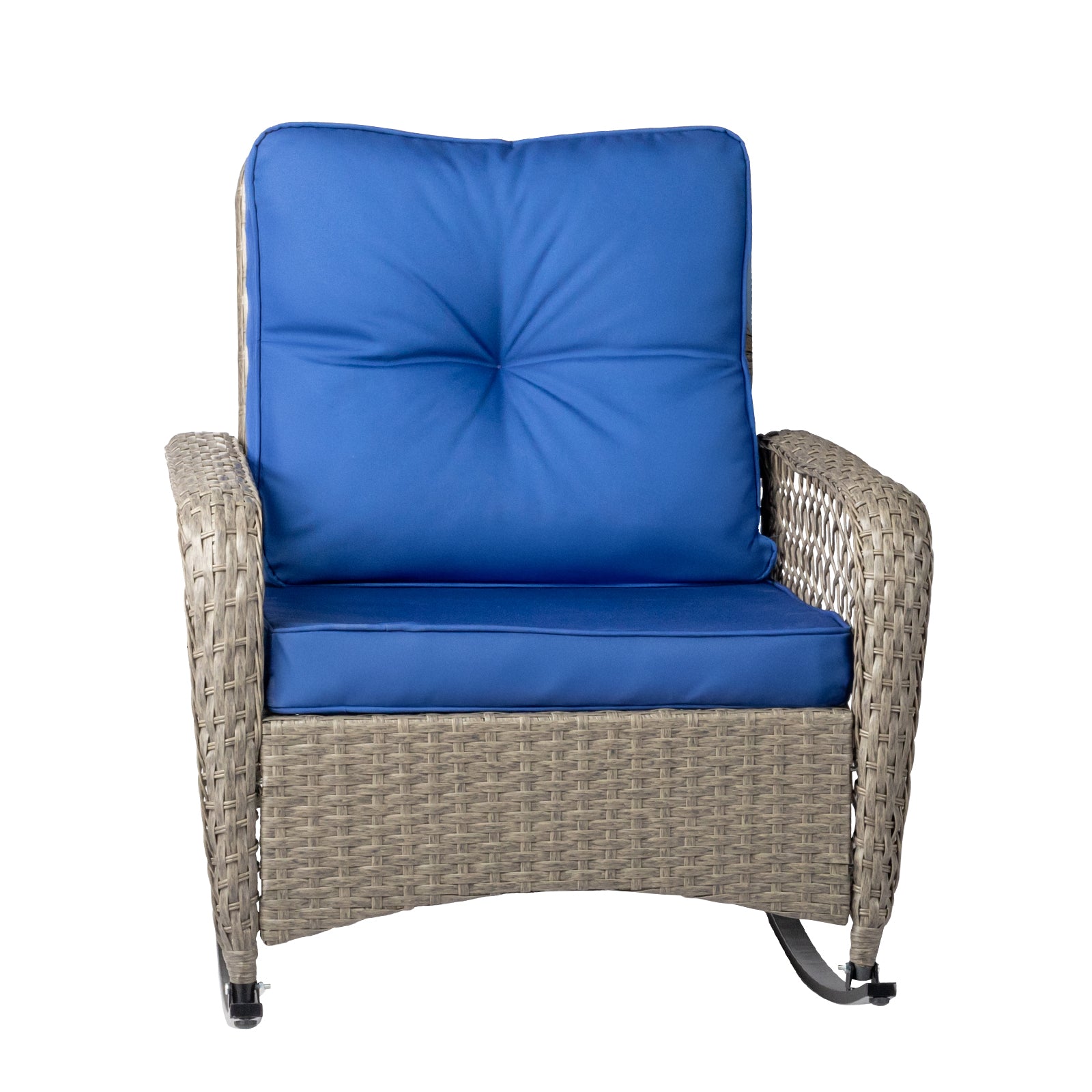 Rattan rocking chair with sparse backrest, grey rattan and blue cushion
