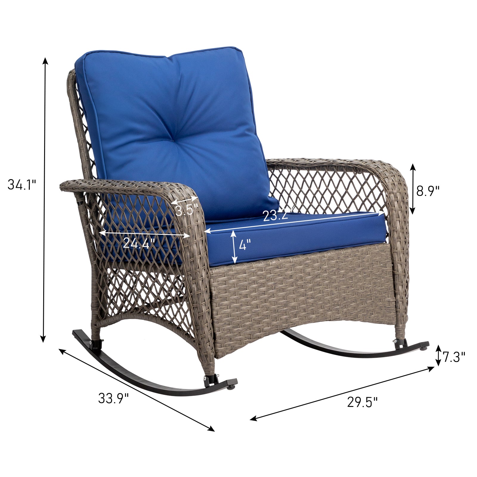 Rattan rocking chair with sparse backrest, grey rattan and blue cushion