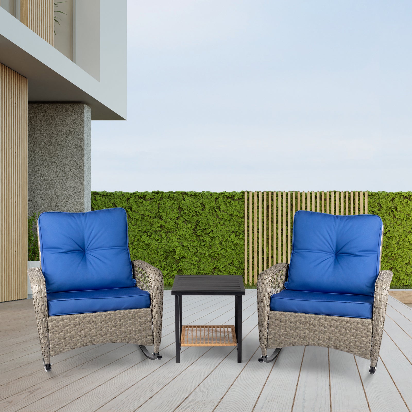 Rattan rocking chair with sparse backrest, grey rattan and blue cushion