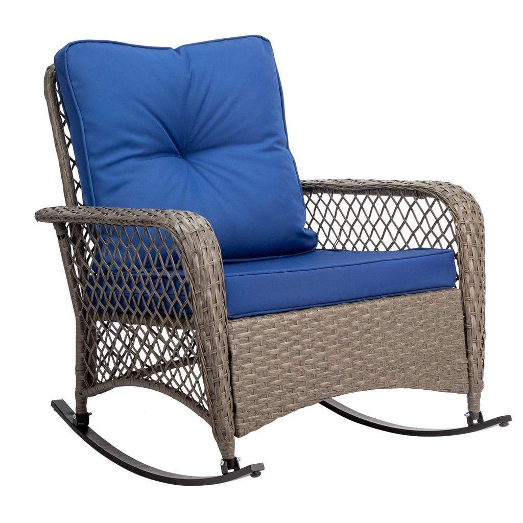 Rattan rocking chair with sparse backrest, grey rattan and blue cushion