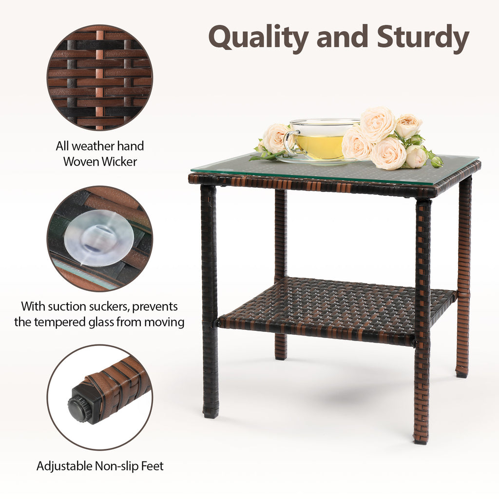 Square double layer glass table top brown gradient rattan side table