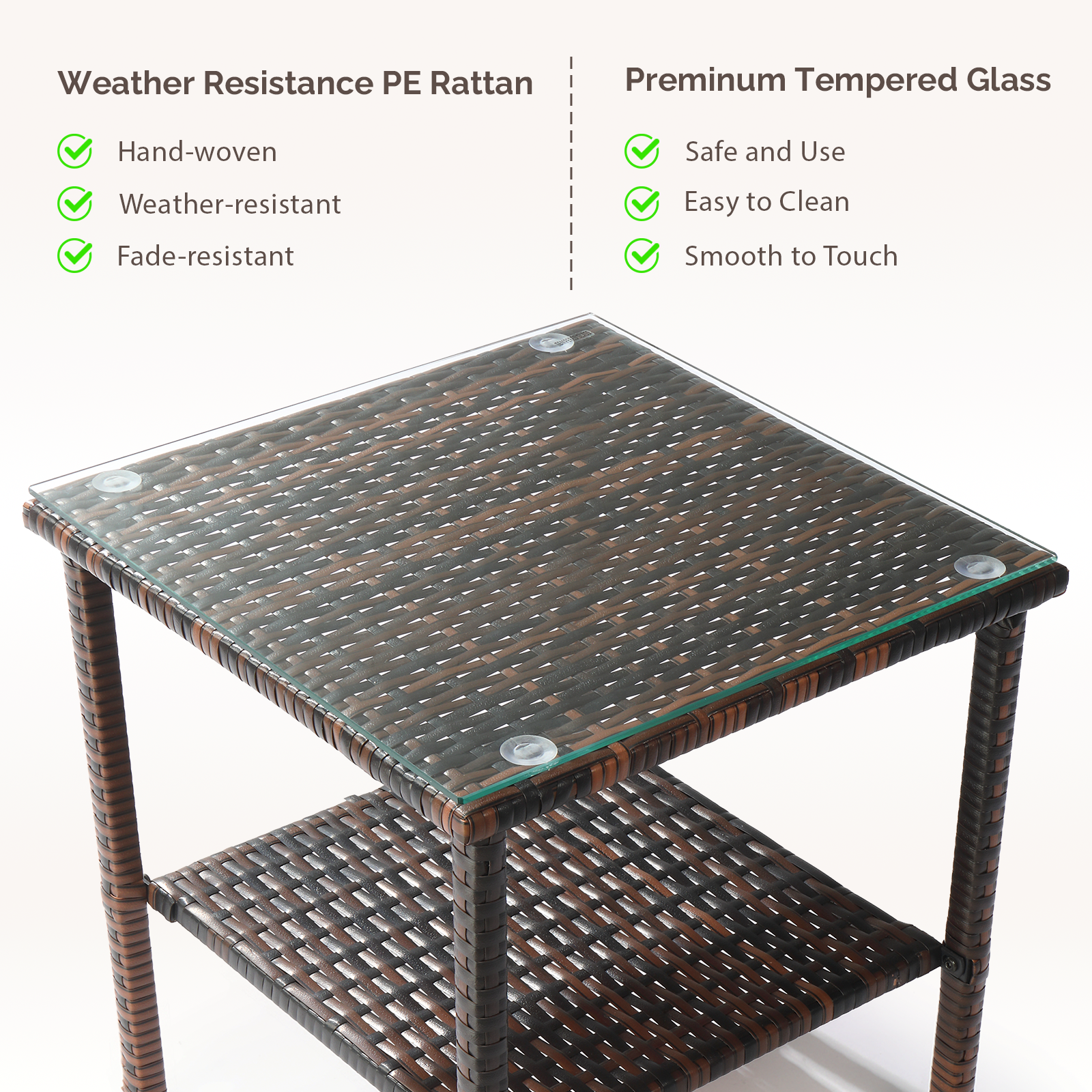 Square double layer glass table top brown gradient rattan side table