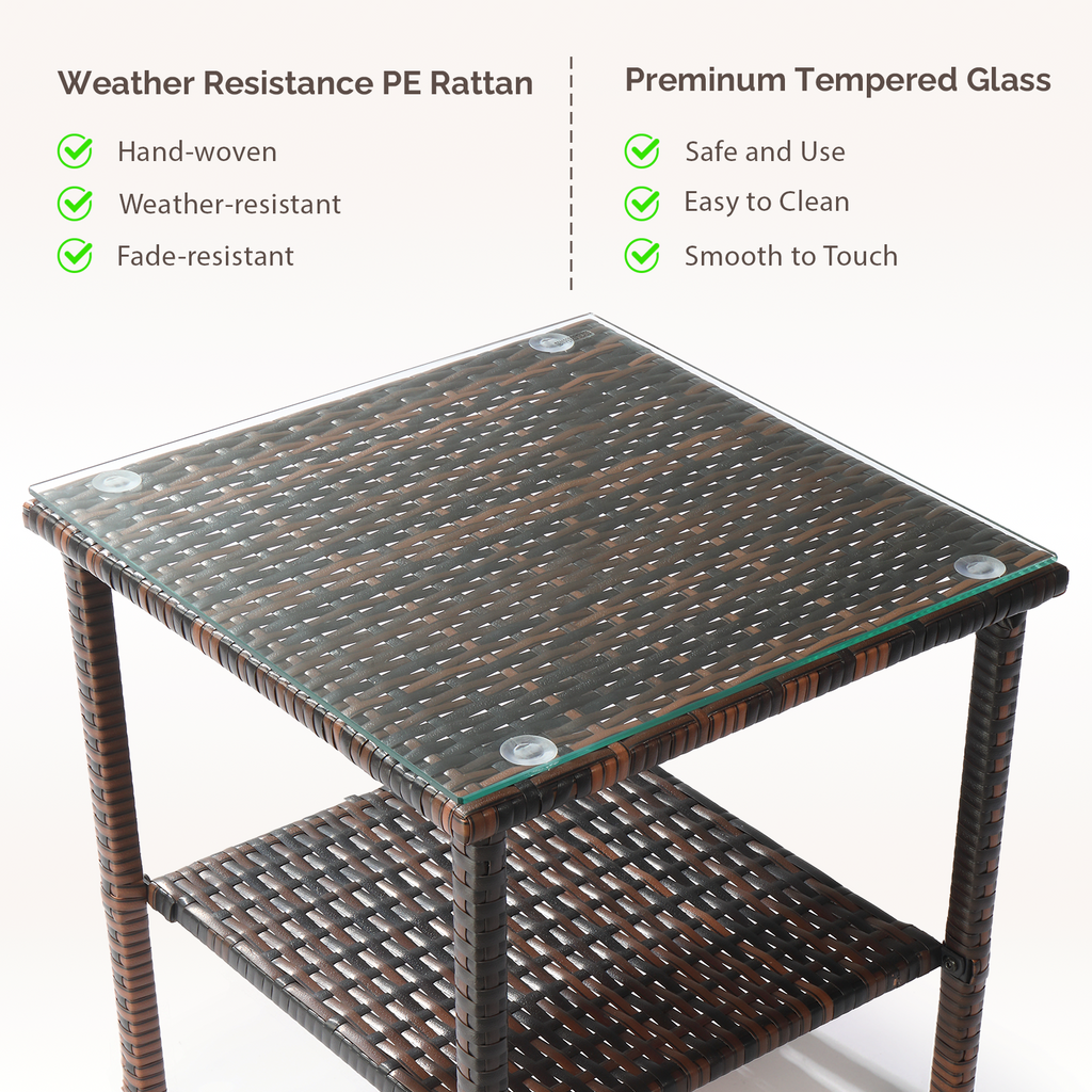 Square double layer glass table top brown gradient rattan side table