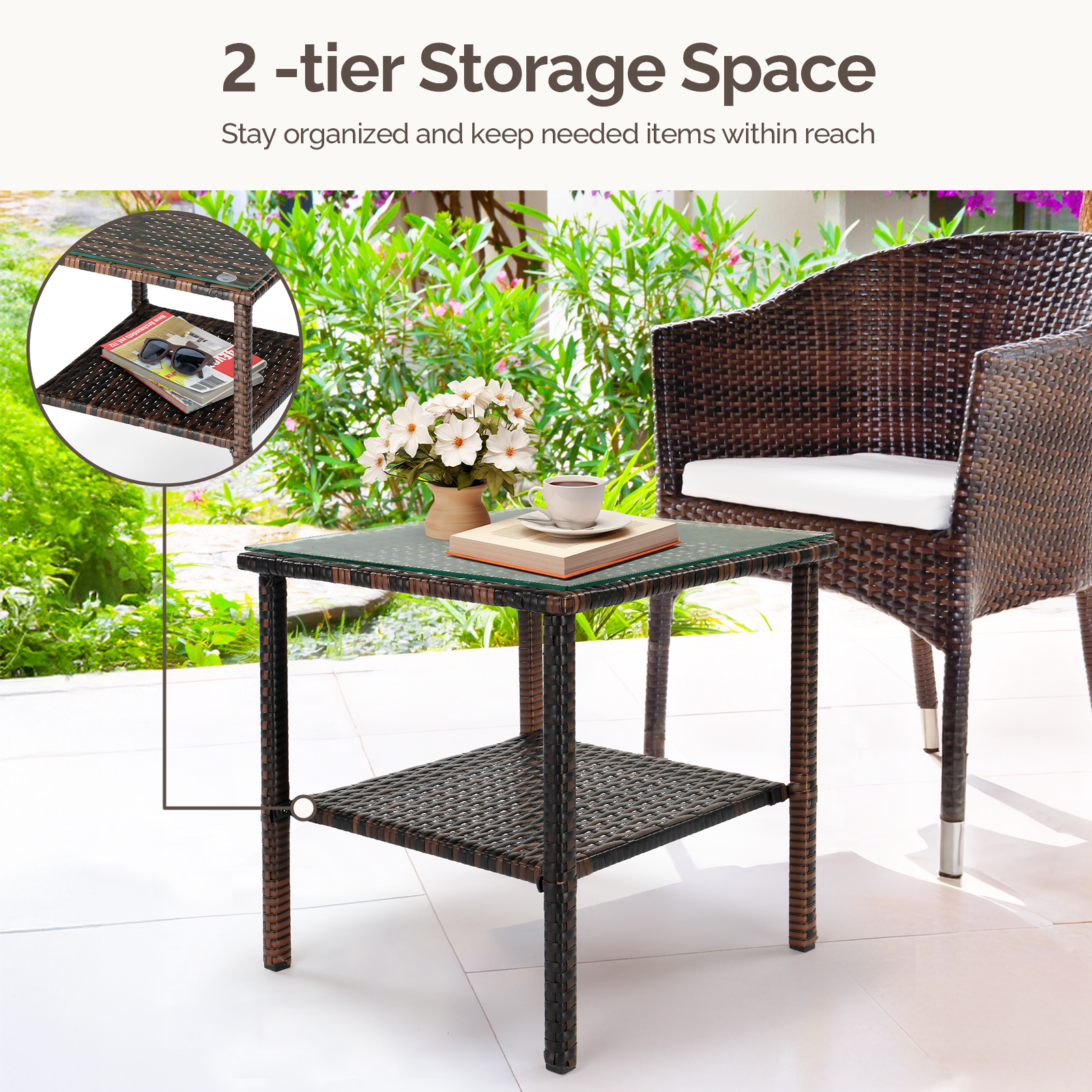 Square double layer glass table top brown gradient rattan side table
