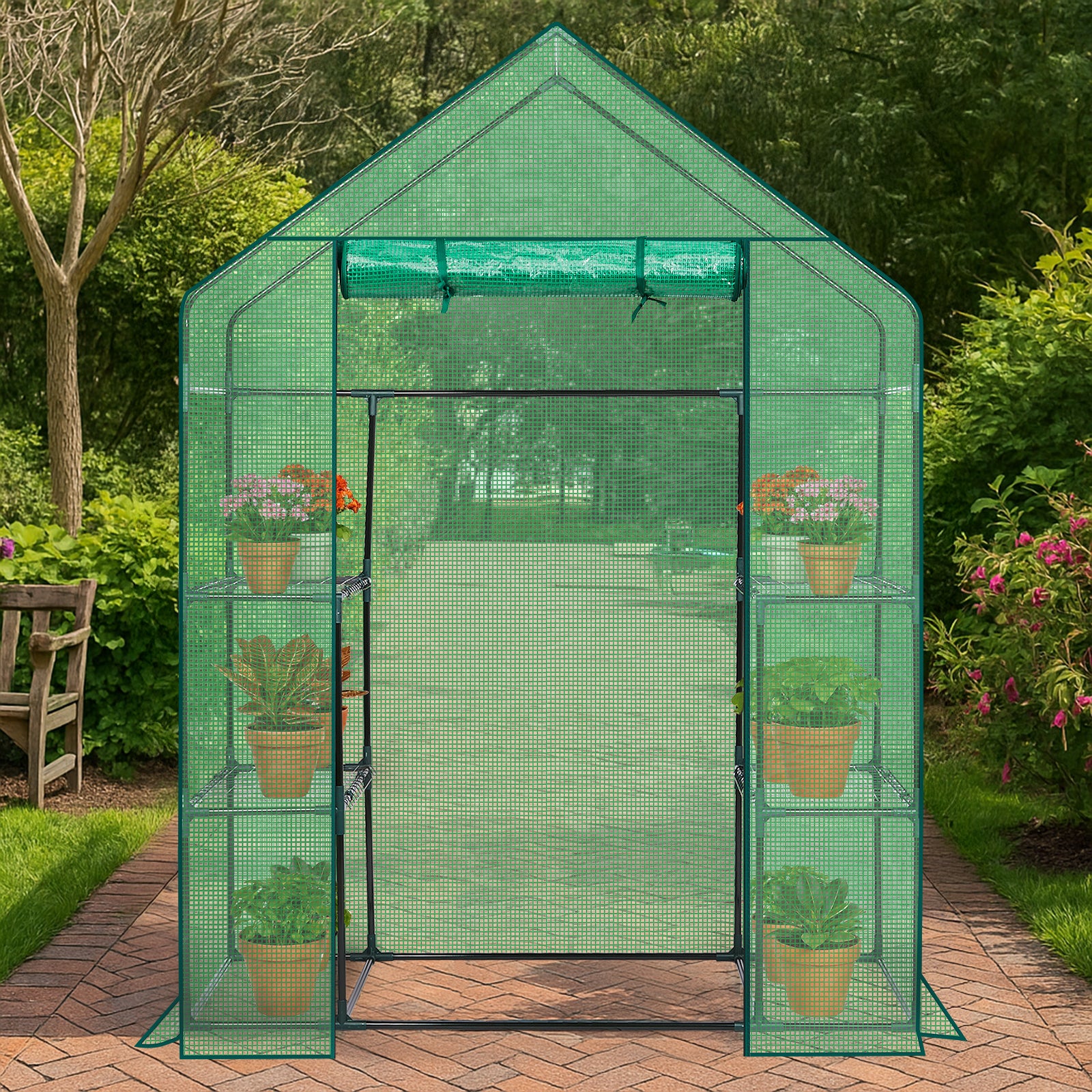 Mini Walk-in Greenhouse with PE Cover, 4-Shelf Indoor Outdoor Plant Gardening Green House for Garden Backyard, 56" x 29" x 77", Green