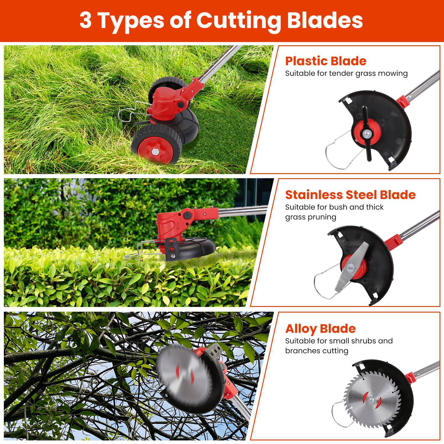 800W Powerful Cordless Lawn Wacker with Detachable Wheels - 2 Rechargeable Batteries , 3 Types of Blades (Plastic/Alloy/Stainless Steel), Adjustable Head & Extendable Handle for Garden Maintenance