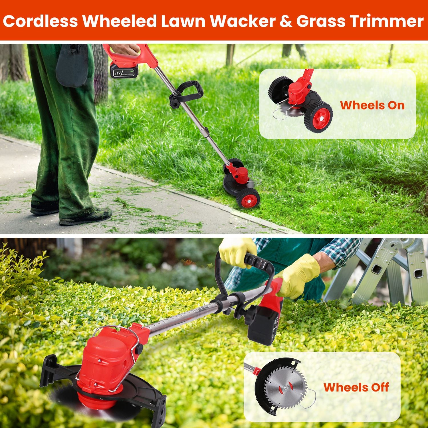 800W Powerful Cordless Lawn Wacker with Detachable Wheels - 2 Rechargeable Batteries , 3 Types of Blades (Plastic/Alloy/Stainless Steel), Adjustable Head & Extendable Handle for Garden Maintenance