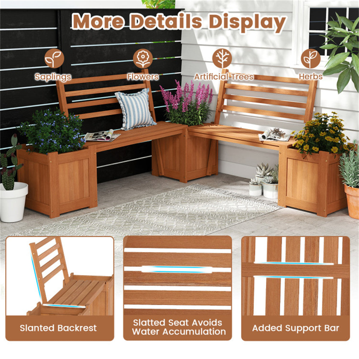 Garden Bench with Planter Boxes - Hardwood Build (Wear-Resistant), Displays Faux Trees/Potted Plants, Enhances Outdoor Aesthetic
