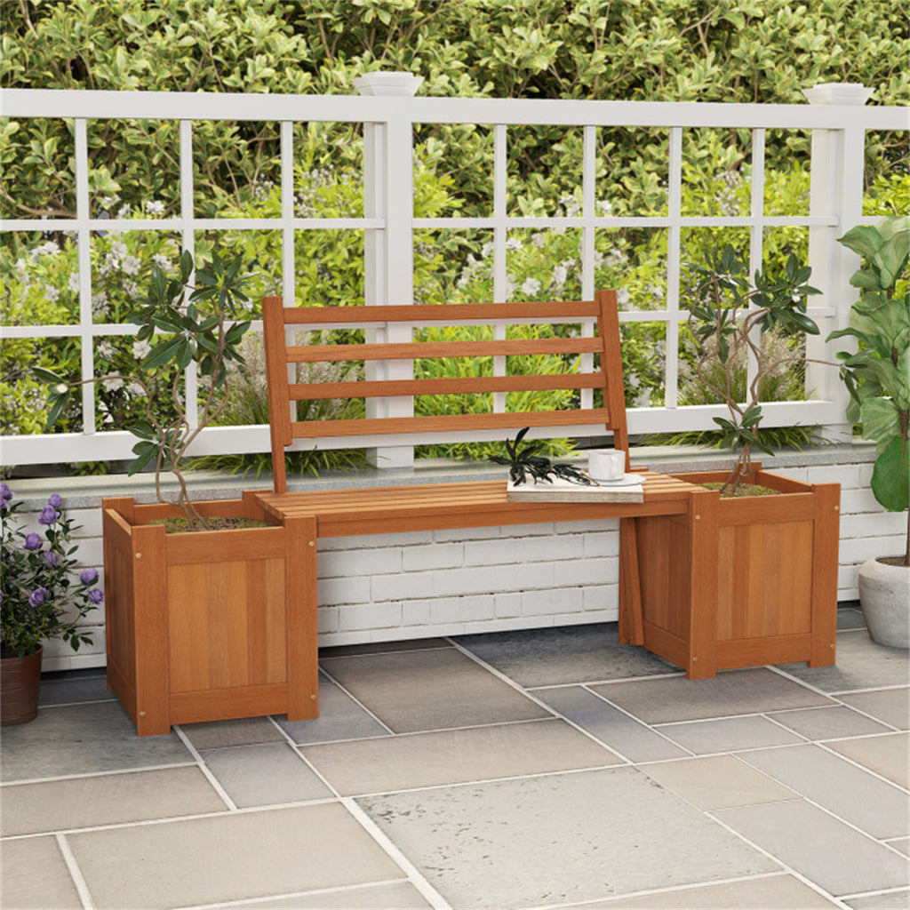 Garden Bench with Planter Boxes - Hardwood Build (Wear-Resistant), Displays Faux Trees/Potted Plants, Enhances Outdoor Aesthetic